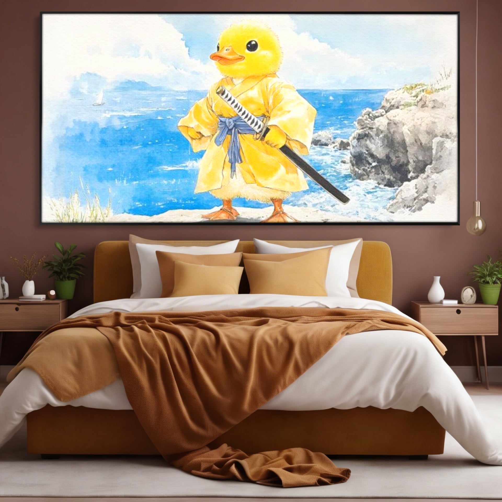Tablou canvas cu rata samurai galben pe stanca, in rama de aluminiu negru, pe perete intr-un dormitor